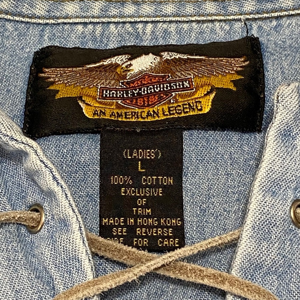 Harley Davidson Womens Denim Lace Up Shirt Jacket Size L Light Wash - Picture 2 of 8